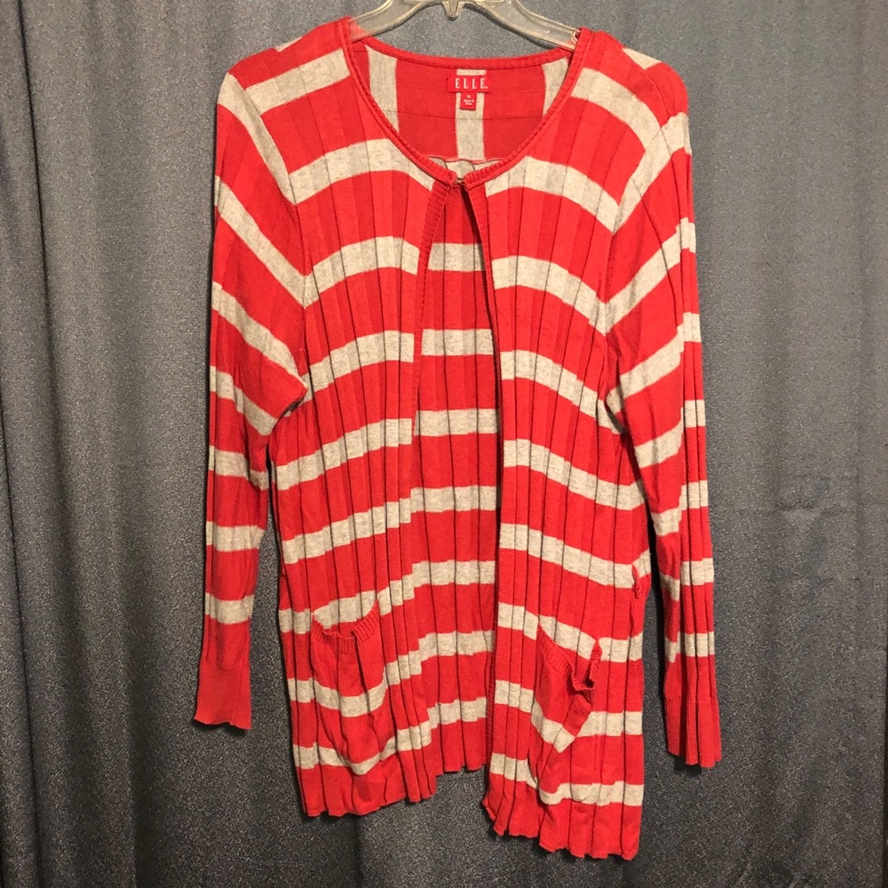 Elle Size XL Lightweight Red and Grey Striped Cardigan with Pockets